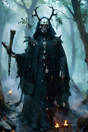 A Gothic fashion-inspired cult priest,skull Head Demon,
 with a horror twist exudes an aura of dark elegance and sinister mystique. Cloaked in flowing robes adorned with occult symbols, his attire hints at forbidden rituals and arcane knowledge With pale,skll,Magic Forest