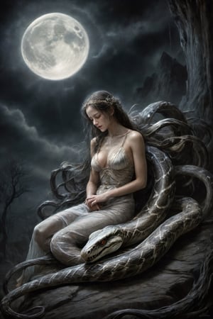 Luis royo style, acrylic paint and spray paint, 8K, rule of thirds, 
intricate, dark lighting, Flickr, well focused, atmospheric, dramatic, highly detailed.
A demonic man nestles between the dead snake skins of a giant snake and falls asleep in its embrace. The soft moonlight filters through the dead skins and casts a gentle glow on its rough figure. She is completely at peace, embraced by the pain and protection of the supernatural world.