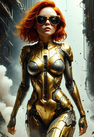 ASCIIdesigned by greg manchess,smoke, full body shot of a beautiful woman, bright detailed eyes, sleek scarlet hair, dense freckles, matte lips, long legs, futuristic, gold glasses, trending on art station, smoke, abstract, photoreal, 8 k, octane render by greg rutkowski, art by Carne Griffiths and Wadim Kashin ,in the style of Dau-al-Set, Pollock, Travis charest, and inspired by MAPPA and Zdzislaw Beksinski,   
,more detail XL,Movie Still,aw0k dalle