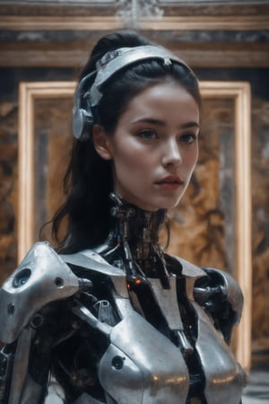 cinematic film still, close up, a robot woman stands tall, half-human half machine, amongst an ancient Greek gallery of paintings and marble, religious symbolism, quantum wavetracing, high fashion editorial, glsl shaders, semiconductors and electronic computer hardware, amazing quality, wallpaper, analog film grain, perfect face skin 
