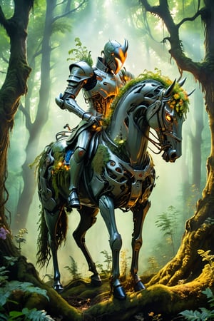 best quality:1.5), (intricate emotional details:1.5), (ultra detailed), (sharp focus), (sharp details), photography in the style of detailed hyperrealism of a  headless horseman in a Whispering forest with glowing flora,  Photorealism, Mecha
