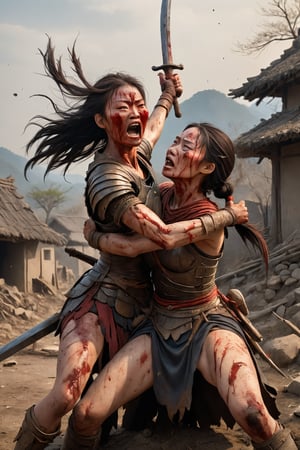 In the aftermath of a brutal clash, amidst a landscape scarred by battle, a formidable woman warrior seizes the severed head of her foe—a male warrior hailing from a rival village—clutching it firmly by the hair.,male