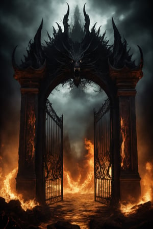 
The Gates of Hell, guarded by the oldest and most fearsome shadows, stand majestic in the heart of a realm of fire and brimstone. With a height that defies the heavens and a width that swallows light, these gates are the embodiment of terror and damnation.

Forged in the darkest metal and coated with arcane runes that whisper forgotten terrors, the Gates of Hell exude an aura of malevolence that would chill the bravest soul. Their surface is marked by eternal flames that dance wildly, reflecting the inner torments of those who lie beyond their threshold.

The air surrounding these gates is laden with suffocating heat and the acrid smell of eternal suffering. The moans and lamentations of trapped souls slip through the cracks of the gates, constantly reminding the living of the vastness of the torment that awaits should they dare to cross.

Only the most reckless or desperate dare to approach, and even then, few have the strength or sanity to face what lies on the other side. The Gates of Hell stand as a somber monument, an unrelenting reminder of the eternal struggle between good and evil, and the fragility of the human soul in the face of the underworld's temptations, ultra-fine digital painting, ,    Gorgeous splash of vibrant paint
,colorful,more detail XL,darkart