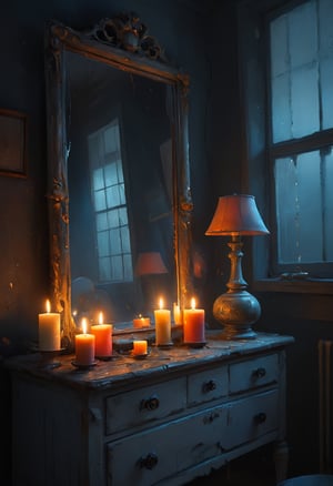 Eerie reflection in cracked, fogged mirror, candle light, ,  Gorgeous splash of vibrant paint
