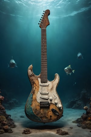 A lone electric guitar rests silently on the seabed, its once vibrant colors muted by the passage of time and the embrace of the ocean's depths. Despite its underwater slumber, hints of its former brilliance still shimmer faintly, reflecting the ethereal light that filters down from the surface above.

Though the salty waters have taken their toll, the guitar retains an air of majesty, a silent testament to the power and passion that once flowed through its steel strings. Even now, in this tranquil underwater realm, one can almost hear the echo of its haunting melodies, carried on the currents like whispers of a forgotten song.

As marine life flutters by, casting curious glances at this unexpected visitor to their watery domain, the guitar remains a silent guardian of its own legacy. Though the ocean may have claimed it as its own, the spirit of music and creativity that once inhabited its strings lives on, a timeless reminder of the enduring power of art to transcend even the deepest depths.,darkart