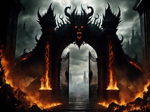 
The Gates of Hell, guarded by the oldest and most fearsome shadows, stand majestic in the heart of a realm of fire and brimstone. With a height that defies the heavens and a width that swallows light, these gates are the embodiment of terror and damnation.

Forged in the darkest metal and coated with arcane runes that whisper forgotten terrors, the Gates of Hell exude an aura of malevolence that would chill the bravest soul. Their surface is marked by eternal flames that dance wildly, reflecting the inner torments of those who lie beyond their threshold.

The air surrounding these gates is laden with suffocating heat and the acrid smell of eternal suffering. The moans and lamentations of trapped souls slip through the cracks of the gates, constantly reminding the living of the vastness of the torment that awaits should they dare to cross.

Only the most reckless or desperate dare to approach, and even then, few have the strength or sanity to face what lies on the other side. The Gates of Hell stand as a somber monument, an unrelenting reminder of the eternal struggle between good and evil, and the fragility of the human soul in the face of the underworld's temptations, ultra-fine digital painting, ,    Gorgeous splash of vibrant paint
,colorful,more detail XL,darkart