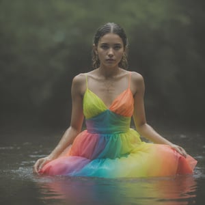 a young woman wearing a full neon colored dress in water