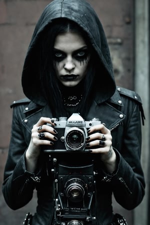 1girl, very beauty girl, macabre style gritty street photography, holding a camera reflex digital, young hacker, urban, matrixpunk cyber-costume, . dark, gothic, grim, haunting, highly detailed,
