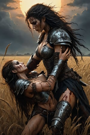 Luis royo style, acrylic paint and spray paint, 8K, rule of thirds, 
intricate, dark lighting, Flickr, well focused, atmospheric, dramatic, highly detailed, a woman warrior grabs the severed head of her enemy, a male warrior from another village, by the hair in a field ravaged by fighting.,darkart,Perfect Hands