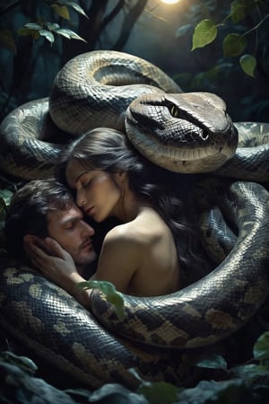 A demonic man nestles between the snake skins of a giant snake and falls asleep in its embrace. The soft moonlight filters through the skins and casts a gentle glow on his rough figure. She is completely at peace, embraced by the pain and protection of the supernatural world.