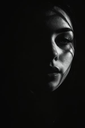 
Create a black and white image of a female face partially covered by shadows cast by venetian blinds. The shadows from the blinds create diagonal light and dark lines crossing the face, particularly highlighting the eyes and lips. The facial expression is serious and enigmatic, with dramatic lighting that accentuates the contours and textures of the face. The image has high contrast, emphasizing the difference between light and shadow, and the composition is artistic and sophisticated, as if a sinister presence lurks in the shadows, adding an air of mystery and tension, evoking a scene from a classic horror movie.