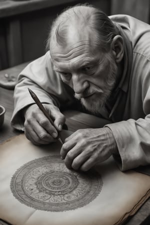 realistic, best quality, high res, highly detailed, 

We see a hand drawing a 2d monochrome artwork on parchment, 
