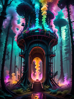 cinematic photo, tall tech curved structures, vibrant colors, glowing light, bioluminescent forest, (colored smoke dripping from the lights:1.4) tunnel,  
,more detail XL, 