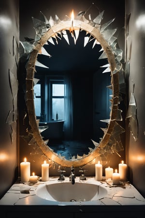 Shattered reflection in cracked bathroom mirror, tenebrism,
illuminated by sinister candles,shards