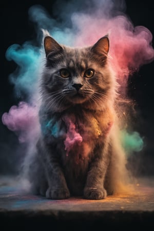 violent chalk explosion, colourful holographic floating in space, cinematic close-up portrait of a cat (made of chalk:1.3) during twilight in autumn, dark and gritty fantasy film heavy chalk smoke, cinematic lighting