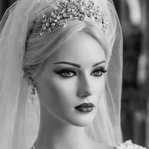 Create a monochrome portrait of beautiful blonde shop window (((mannequin))) dressed as a bride,  ((rectangular face)), close up , detail plan, detail plan of eyes, hair covering eye, dark make up, dark shadowing,nostalgic picture,Realism, film photography,DonM4lbum1n,Clear Glass Skin,photo r3al,roborobocap