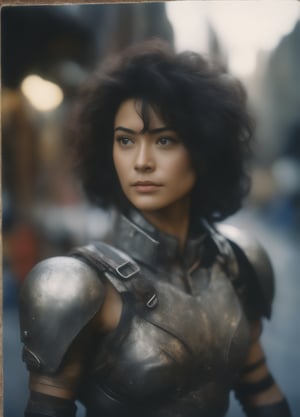 analog film photo gritty world of Battle Angel, middle age woman as cyborg Alita, cowboy shot, hyper-realistic skin, rusty worn patina, confident mischevious smirk, natural lighting, neonpunk dystopian street in background, petite athletic figure, dark graying hair, wrinkled skin, large highly detailed eyes. Styles of Jay Anacleto, Kelly Sue DeConnick, and Siya Oum. . faded film, desaturated, 35mm photo, grainy, vignette, vintage, Kodachrome, Lomography, stained, highly detailed, found footage,
