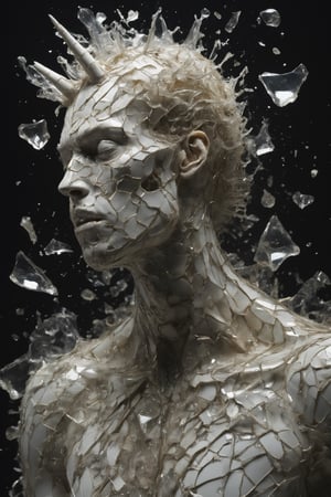 masterpiece, Indonesian man uppercut hair, with a sharp gaze, wearing a white spiderman suit, messy, shabby, torn , without a mask, a little moss, light focuses on an object , dark background, gothic vibes, intricate detail, depth of field, ultrasharp, 4k ,shards,glass,brocken glass,transparent a person has taken lsd and is seeing unicorn dragons spitting white wine out of a lady's mouth glass,pieces of glass,Made_of_pieces_broken_glass
