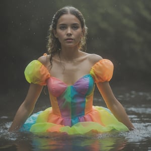 a young woman wearing a full neon colored dress in water