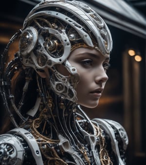 Love does not claim possessions, but freedom remains. Generate a stunning 8K UHD image with a DSLR quality close-up of an enigmatic and mysterious unknown human race. Capture the ethereal beauty of their porcelain skin adorned with intricate biomechanical details, including a highly detailed mechanical exoskeleton. Use soft lighting to enhance the otherworldly aura and incorporate a film grain effect reminiscent of high-quality Fujifilm XT3 photography. Make sure the image shows the raw and captivating essence of this biomechanical being.