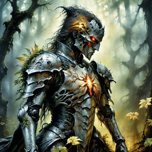 Luis royo style, acrylic paint and spray paint, 8K, rule of thirds, 
intricate, dark lighting, Flickr, well focused, atmospheric, dramatic, highly detailed, best quality:1.5), (intricate emotional details:1.5), (ultra detailed), (sharp focus), (sharp details), photography in the style of detailed hyperrealism of a  headless horseman in a Whispering forest with glowing flora,  Photorealism, Mecha
