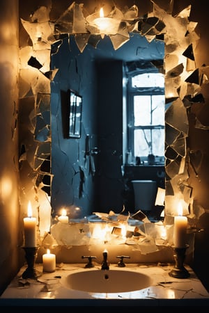 Shattered reflection in cracked bathroom mirror, tenebrism,
illuminated by sinister candles,shards