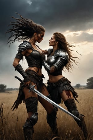 Luis royo style, acrylic paint and spray paint, 8K, rule of thirds, 
intricate, dark lighting, Flickr, well focused, atmospheric, dramatic, highly detailed, a woman warrior grabs the severed head of her enemy, a male warrior from another village, by the hair in a field ravaged by fighting.,darkart,Perfect Hands