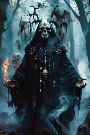 A Gothic fashion-inspired cult priest,skull Head Demon,
 with a horror twist exudes an aura of dark elegance and sinister mystique. Cloaked in flowing robes adorned with occult symbols, his attire hints at forbidden rituals and arcane knowledge With pale,skll,Magic Forest