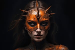 Luis Royo style, acrylic paint and spray paint, 8K, rule of thirds, intricate, dark lighting, Flickr, well focused, atmospheric, dramatic, highly detailed. A young woman with grey eyes, identified as 'The Messenger.' She is wearing an orange silk cloth that covers her body and a striking copper mask. The mask is the focal point, featuring a chaotic design with numerous pointed spikes and sharp edges, creating a sense of madness. It is asymmetrical, covering the entire face but with gaps that reveal parts of her features. Her lips are painted copper. In one hand, she holds a copper rod about 15 centimetres long, and in the other hand, she carries a 19th-century copper miner's lamp. The flame from the lamp illuminates her face and highlights the intricate details of the mask. The background is dark or black, with the woman positioned on one side of the composition, leaving negative space on the left. The image emphasizes mystery and beauty, showcasing the chaotic elegance of the mask,colorful