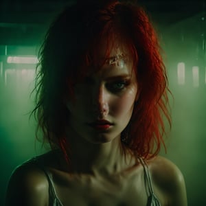 cinematic film still, Hyperdetailed eyes in tears and sweaty skin of professional photograph of a young sexy hot woman of a 20 year old redhead with big chest and long hair behind a glass. Neon lights green and red, casting a red hue and adding to the ambiance. The background is blurred but suggests an car garage with reflections and lights. moody and atmospheric tone. The individual's face is partially obscured by what appears to be a smoky or misty effect. She is sad, head slightly tilted. In Casey Baugh's evocative style
