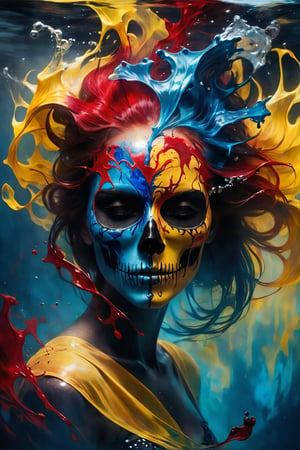 The enchantress emerged, her face concealed by a haunting skull mask soaked in blood, hinting at the power she wields. As she navigates shadows, she unleashes formidable abilities, delving into dark magic and facing consequences. Surreal beauty is captured in a shot of oil paint submerged underwater, revealing red, yellow, and blue tones dispersing against a dark background, creating ephemeral art.