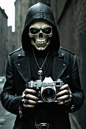 macabre style gritty street photography, holding a camera, young hacker, urban, matrixpunk cyber-costume, . dark, gothic, grim, haunting, highly detailed,
,photo r3al,more detail XL,Movie Still,LegendDarkFantasy,epoxy_skull