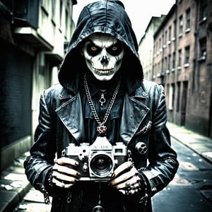 macabre style gritty street photography, holding a camera, young hacker, urban, matrixpunk cyber-costume, . dark, gothic, grim, haunting, highly detailed,
,photo r3al,more detail XL