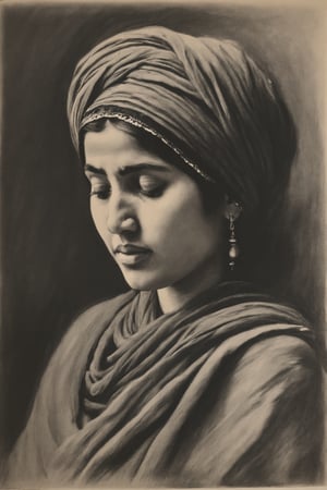 Charcoal drawing of a young Afghan woman, early 20s, wearing an Afghan turban, deeply lined face, angled view, weathered, tired, wise look. dramatic shadows, masterpiece, monochrome, black and white, dark background.