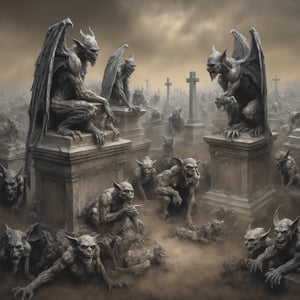 a cemetery of gargoyles, with their tombs, in the style of Luis Royo