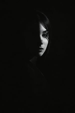 
Create a black and white image of a female face partially covered by shadows cast by venetian blinds. The shadows from the blinds create diagonal light and dark lines crossing the face, particularly highlighting the eyes and lips. The facial expression is serious and enigmatic, with dramatic lighting that accentuates the contours and textures of the face. The image has high contrast, emphasizing the difference between light and shadow, and the composition is artistic and sophisticated, as if a sinister presence lurks in the shadows, adding an air of mystery and tension, evoking a scene from a classic horror movie.