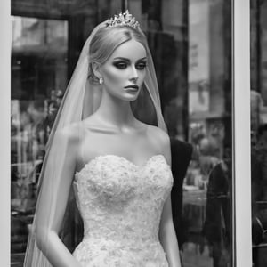 Create a monochrome portrait of beautiful blonde shop window (((mannequin))) dressed as a bride,  reflections of the city can be seen in the glass of the shop window, ((rectangular face)), hair covering eye, dark make up, dark shadowing,nostalgic picture,Realism, film photography,DonM4lbum1n,Clear Glass Skin,photo r3al,roborobocap