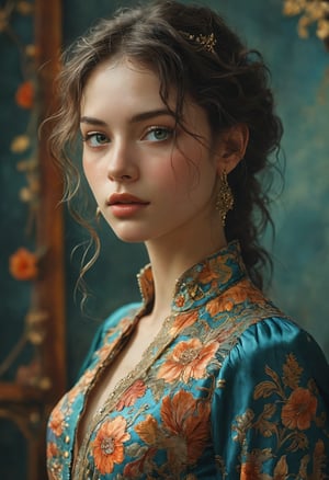 A mysterious woman with luscious wavy hair, slender eyes, sharp jawline, thin lips, and clad in an Eastern-inspired silk dress, portrayed in a digital illustration that captures her enigmatic aura and ethereal beauty with intricate detail and vibrant colors. Fantasy mysterious background, 
