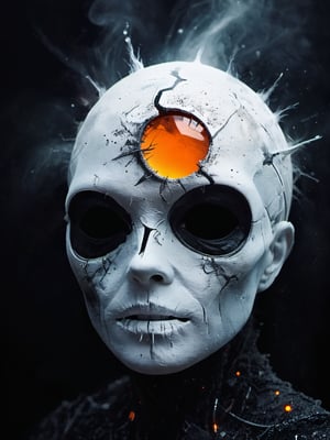 white-toned Surrealism photo of an abyssal futuristic summer face in a bright apocalyptic void, intricate black and orange and white recursion, eldritch, foggy, billowing bright glitter, very detailed, 
,vntblk,black,darkart