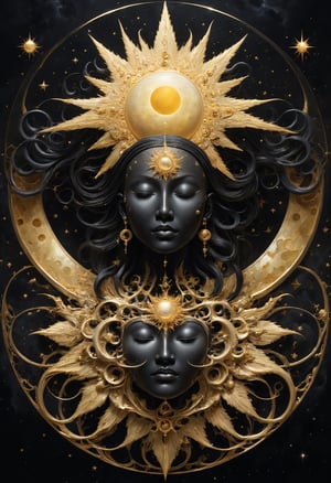 NSFW, art by Eleanor Vere Boyle and Andreas Untersberger, hantu ulat sutera
adaptive and halcyon atmosphere with dispersion, refined details, sun, moon, star,
(gold and ivory dark black colors:0.1),  (center composition, symmetry:0.1), style by nty
