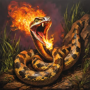 made with acrylic and spray paint, a snake spits fire from its mouth.