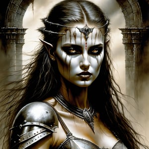 Create an artwork in the style of Luis Royo using acrylic and spray paint, at 8K resolution and following the rule of thirds for composition. The image should exude complexity, with dark and atmospheric lighting, while maintaining sharp focus and a dramatic feel. A high level of detail and professionalism is required.

I don't enjoy the present, I enjoy collecting possible futures, and that, my friends, is not living.,more detail XL