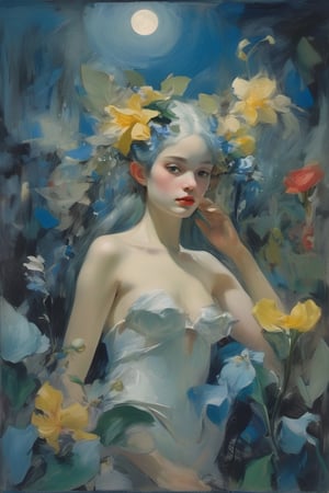 a breathtaking beautiful fairy girl, flower hair decorations, surrounded by flowers and plants, bathed in the shimmering glow of moonlight, cinematic, celestine azure, by Willem DeKooning