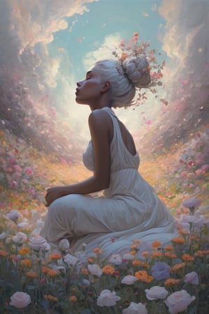 Soraka, abstract neorealism, dreamy fantasy art, darkness graces every curve, style Charles Ginner, sitting on a field of flowers, looking up, ethereal form, voluptuous and messy bun