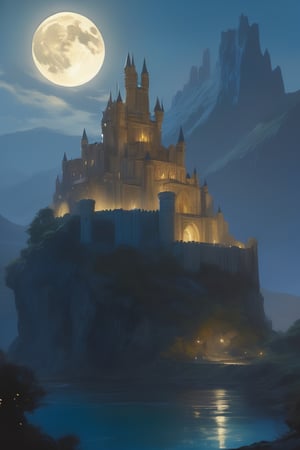 ethereal castle of Elaria, bathed in the shimmering glow of moonlight, cinematic, celestine azure, craig mullins