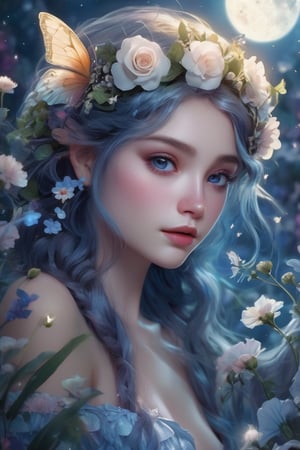 a breathtaking beautiful fairy girl, flower hair decorations, surrounded by flowers and plants, bathed in the shimmering glow of moonlight, cinematic, celestine azure, by Alan Koz