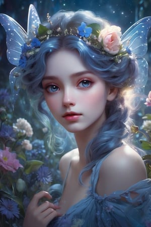 a breathtaking beautiful fairy girl, flower hair decorations, surrounded by flowers and plants, bathed in the shimmering glow of moonlight, cinematic, celestine azure, by Alan Koz
