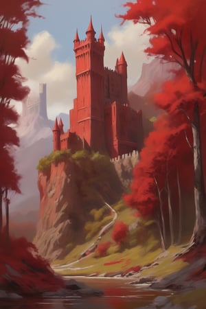 the red keep, a painting by alan koz, in the style of digital fantasy landscapes, plein air scenes, flat brushwork