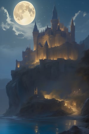 ethereal castle of Elaria, bathed in the shimmering glow of moonlight, cinematic, celestine azure, craig mullins