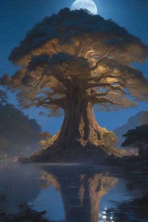 giant tree at night, bathed in the shimmering glow of moonlight, cinematic, celestine azure, craig mullins